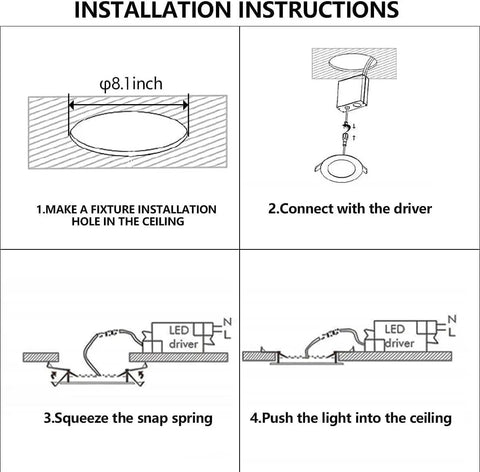 Installation instructions for 8 Inch LED Recessed Light With Junction Box, 8 Pack Ultra Thin Canless Wafer Downlight