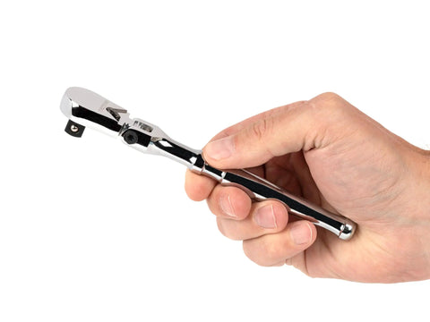Hand holding 3/8 Inch Drive 6 Inch Flex Head Ratchet With Small Body Non Quick Release Built On 1/4 Inch Drive Body For Tight Spaces