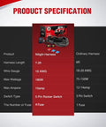 Product specifications for Heavy Duty 12V Fog Light Wiring Harness Kit With 5 Pin Rocker Switch, Relay, Blade Fuse, 16 AWG Wire.