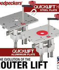 Solid As A Rock Aluminum Router Lift With Slick Quick Raise Lever And Hella Precise Crank Micro Adjustments For Four Point Two Inch Routers. Two router lifts side by side with steel and aluminum plates.
