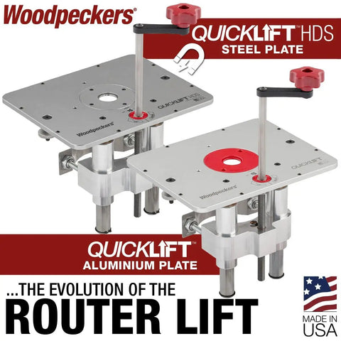 Solid As A Rock Aluminum Router Lift With Slick Quick Raise Lever And Hella Precise Crank Micro Adjustments For Four Point Two Inch Routers. Two router lifts side by side with steel and aluminum plates.