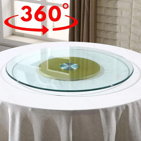 Clear Tempered Glass Lazy Susan Turntable Tray With Aluminum Base And Smooth Steel Bearings on table, 360-degree view