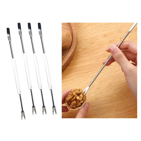 Stainless Steel Nutcracker Seafood Sheller With Dual Diameter Crushing Cones showing seafood forks extracting nuts