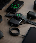 Solid Pick 20W Magnetic Power Bank With Built In Cables 10000mAh Fast Charging Battery MagSafe Compatible on a wooden desk.