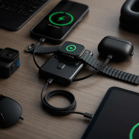 Solid Pick 20W Magnetic Power Bank With Built In Cables 10000mAh Fast Charging Battery MagSafe Compatible on a wooden desk.