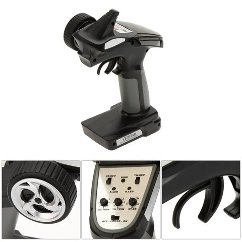 FS GT2E AFHDS 2A 2.4GHz 2CH RC Transmitter For Car And Boat With Easy Binding, showing control dial and trigger details.
