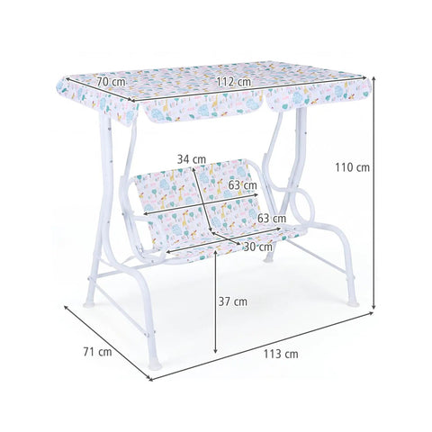 Two-Seater Kids Patio Swing With Adjustable Canopy, Safety Belt And Curved Armrests, Outdoor Hanging Bench, White Elephant Pattern