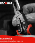 Close-up of 8 Inch Multifunction Pliers Set 5 In 1 Wire Stripper Crimper Cutter Needle Nose Pliers in use, focus on wire crimping