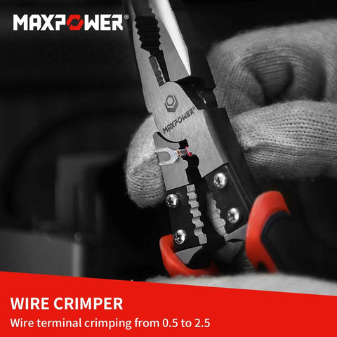 Close-up of 8 Inch Multifunction Pliers Set 5 In 1 Wire Stripper Crimper Cutter Needle Nose Pliers in use, focus on wire crimping