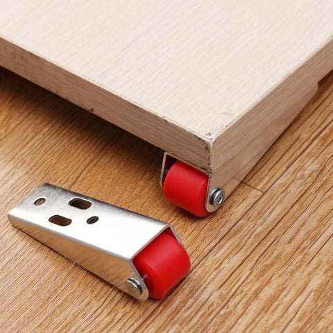 Top Shelf Set Of Four Stainless Steel Cabinet Door Rollers Paired With Heavy Duty Galvanized Track And Durable Plastic Gliders For Smooth As Butter Bottom Casters featuring red plastic gliders and stainless steel components.
