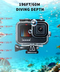 Waterproof Action Camera Housing For 13 12 11 10 9, 196 Feet Deep Underwater Case shown in ocean setting with fish