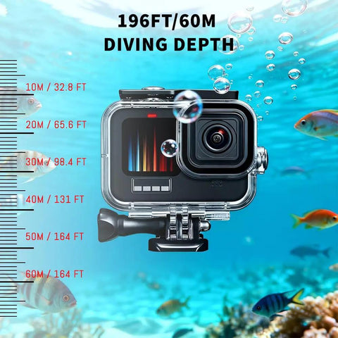 Waterproof Action Camera Housing For 13 12 11 10 9, 196 Feet Deep Underwater Case shown in ocean setting with fish