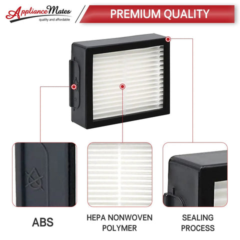 Must Have 12 Pack Roomba HEPA Filters Replacement For E I J Series With Brush, showcasing ABS and HEPA polymer material details.