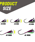 Tungsten Ice Jigs 6mm Variety Pack 10pcs With Long Shank Hooks For Ice Fishing And Panfish UV Glow Tear Shape Design Drops Fast Fewer Hangups Ultra Sensitive Tackle For Year Round Angling showing size comparison of hooks.