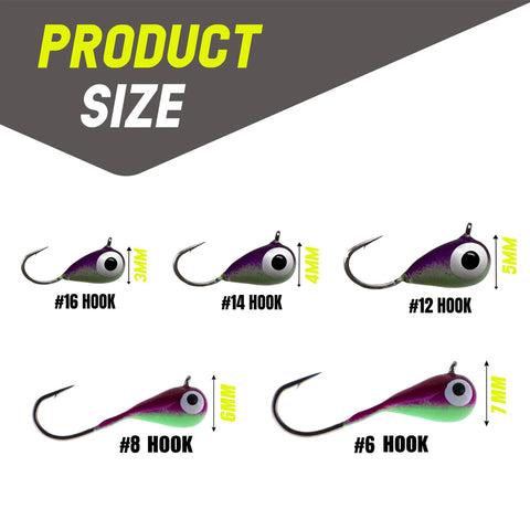Tungsten Ice Jigs 6mm Variety Pack 10pcs With Long Shank Hooks For Ice Fishing And Panfish UV Glow Tear Shape Design Drops Fast Fewer Hangups Ultra Sensitive Tackle For Year Round Angling showing size comparison of hooks.