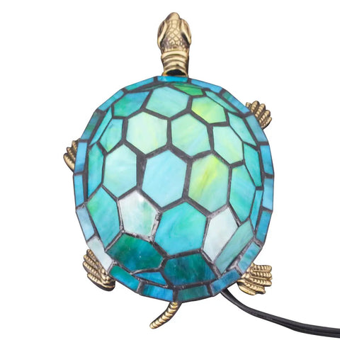 Tiffany Style Turtle Lamp Stained Glass Desk Light Green Turtle 8x5x4 Inch With Bronze Base UL Listed Push Button Switch Easy Assemble 3W 2700K LED Bulb Compatible, top view