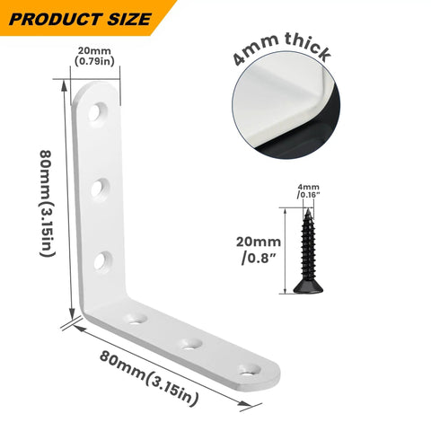 Heavy Duty White Floating Shelf Brackets 4 Pack L Brackets For Wall Mounted Storage showing 4mm thick steel with dimensions.