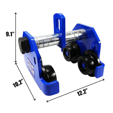 Beefed Up Dual Wheel Beam Trolley For Lifting, 2 Ton Capacity, blue steel manual hoist with adjustable flange dimensions
