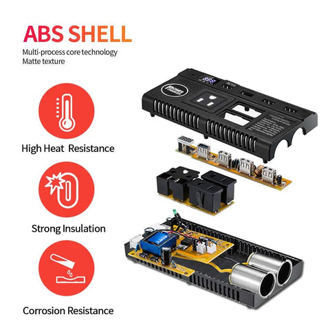 Game Changer 120W Car Power Inverter showing ABS shell with high heat, corrosion resistance, and internal components.