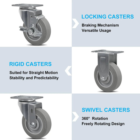 Four Inch Non Marking Thermo Rubber Caster Wheels Set Of Four Swivel Industrial Grade Heavy Duty Casters for carts, furniture and workbenches, featuring locking, rigid, and swivel designs with 1200 pound load capacity.