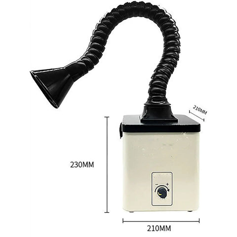 Straight Up Solid Soldering Fume Extractor With 90W Brushless Motor And Three Stage Filtration, flexible hose design and dimensions, 230MM x 210MM.