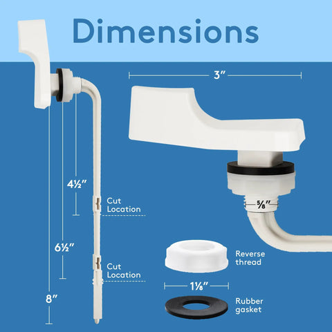 Toilet Handle Replacement With Front Mount Flush Lever In White showing dimensions and components for easy install.