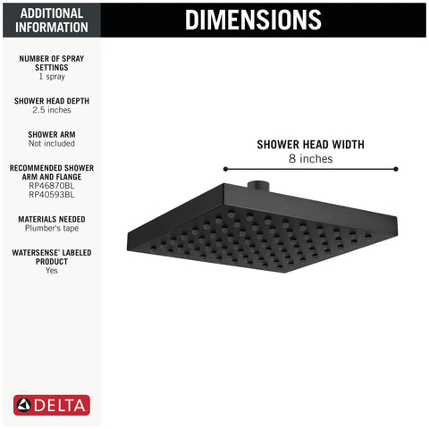 Image of an 8-inch square rain shower head with dimensions, showcasing Chrome 8 Inch Square Rain Shower Head With Soft Rain Spray for a dope spa-like shower.