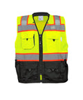 Straight Fire High Visibility Surveyor Safety Vest With Ten Bulk Storage Pockets And Reflective Tape Built For Daily Site Crews Wanting Tough Gear That Keeps Them Clearly Noted And Fully Loaded When Running Tough Shifts On Site In Medium Cut, front view with multiple pockets and reflective strips.