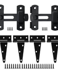 Self-Closing Gate Latch Kit With Tee Hinge And 4-Inch T-Strap Hinges Black Finish Includes 2 Gate Latches And 4 Heavy-Duty Hinges With Screws