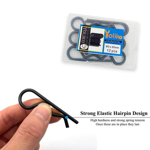 Package of Heavy Duty 12 Pack R Clips For Trailers Trucks Carts And Mowers 60mm Long 3mm Wire Diameter Zinc Black Finish displayed