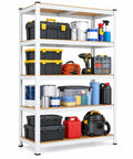 Heavy Duty 5 Tier Garage Storage Shelves With Adjustable Boltless Steel Frame And Thick MDF Boards, 1929 Lbs Capacity, 30X12X59 Inches, White, organized with various tools and containers.