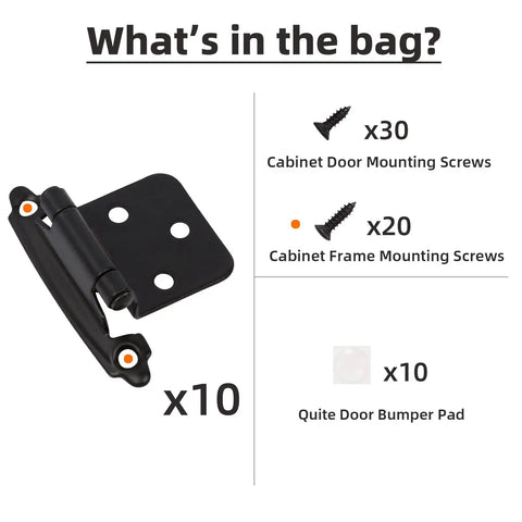 Image showing contents of Half Inch Overlay Matte Black Cabinet Hinges Self Closing For Bath And Kitchen Cabinets 5 Pairs