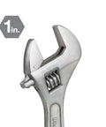 Close-up of 8 Inch Adjustable Wrench With Drop Forged Carbon Steel Construction Satin Chrome Finish Precision Slide Jaw And Worm Gear