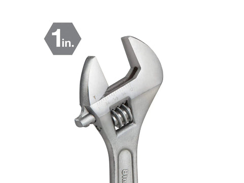 Close-up of 8 Inch Adjustable Wrench With Drop Forged Carbon Steel Construction Satin Chrome Finish Precision Slide Jaw And Worm Gear
