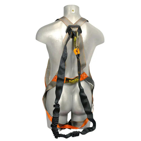 Back view of Fall Protection Full Body Harness Kit with 6 ft Lanyard, internal shock absorber, and back D-ring on mannequin
