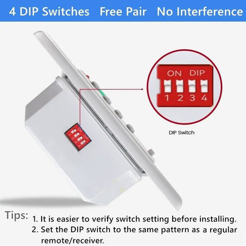 Universal Ceiling Fan Wall Remote Control with 3 Speeds and Light Dimmer, showing 4-DIP switch for easy setup.