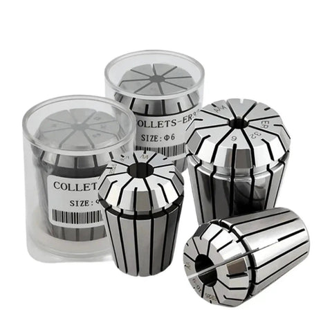 Top Grade High Precision Spring Collet Set For Your CNC And Drill Setup Featuring ER11 ER16 ER20 ER25 ER32 ER40 sizes displayed in various angles.