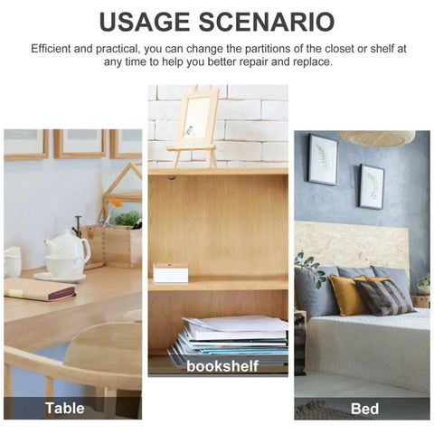 Usage scenarios showing a table, bookshelf, and bed highlighting 20Pcs Zinc Alloy Shelf Pegs for Glass Cabinet Shelves setup options.