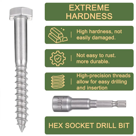 High Grade 25 Pc 1/4X2 Inch Hex Lag Screws Heavy Duty 304 Stainless Steel Rustproof Garden Flower Stand Hardware Tough As Nails Bolts With Clean Burr Free Finish For DIY Builds, with a hex socket drill bit.