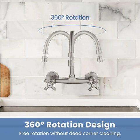 Wall Mount Kitchen Faucet With Sprayer And 360 Degree Swivel Spout Double Cross Handles Commercial Grade 8 Inch Center