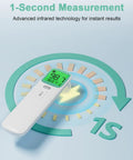 Touchless Ear and Forehead Infrared Thermometer for Kids and Adults With One Button Readout, 1 Second Measurement, Fever Alarm, Color Coded Backlight, Ear or Forehead Mode, 40 Memory Stores, FSA HSA Eligible white digital thermometer with green display