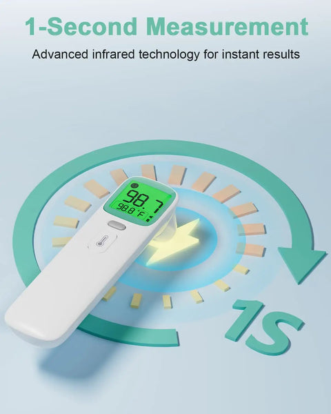 Touchless Ear and Forehead Infrared Thermometer for Kids and Adults With One Button Readout, 1 Second Measurement, Fever Alarm, Color Coded Backlight, Ear or Forehead Mode, 40 Memory Stores, FSA HSA Eligible white digital thermometer with green display