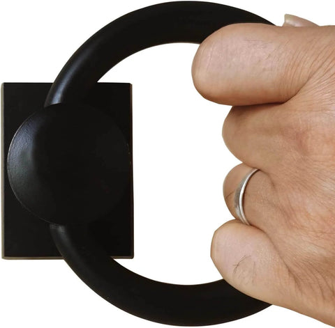 Rotatable Matte Black Gate Pull Handles With Dual Motion Flip 180 And Rotate 360 For Sliding Barn Doors in use.