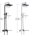 UMJIGF Shower System Set dimensions showing 8 inch shower head, hand shower, tub spout, adjustable height in black.