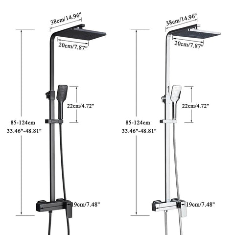 UMJIGF Shower System Set dimensions showing 8 inch shower head, hand shower, tub spout, adjustable height in black.