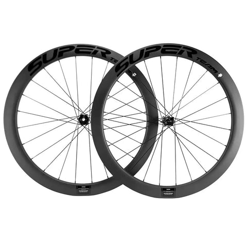 Carbon Disc Wheelset 50mm Depth 25mm Width Clincher 700c Center Lock Thru Axle Slick Glossy Black U-Shape Rim Pair
