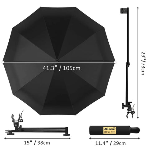 Black Portable UPF 50 Plus Beach Umbrella With Adjustable Universal Clamp, 41.3" span and 29" length.
