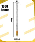 1000 Count 2 Inch Framing Nails With Ring Shank And Flat D Head 21 Degree Galvanized Plastic Collated Strip shown with measurements.