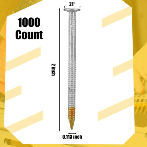 1000 Count 2 Inch Framing Nails With Ring Shank And Flat D Head 21 Degree Galvanized Plastic Collated Strip shown with measurements.