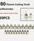 Premium 20 Pc P80 Plasma Cutter Electrodes Nozzles And Tips For CNC Machines With Copper Shield High Conductivity 1.7mm Thick Cutting Torch Consumables That Last, 20-piece set with various tip sizes.